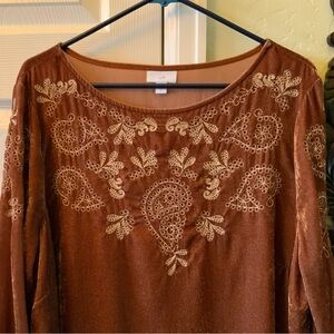 J. Jill Rust color Velvet Top with Gold Embroidery